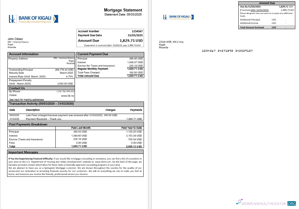Download Rwanda bank of Kigali mortgage statement in Word and PDF formats Photoshop template